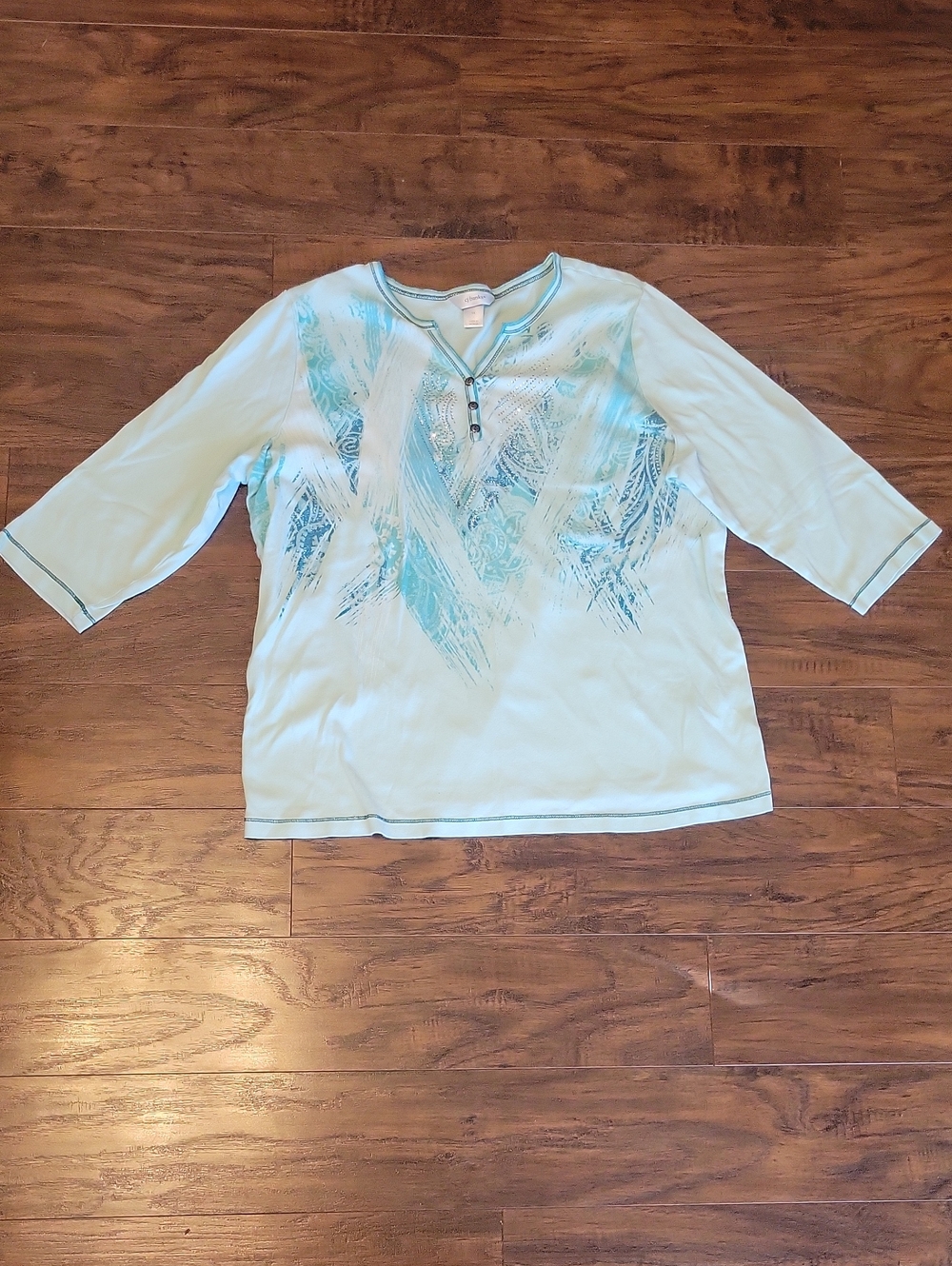 CJ Banks Light Blue and Teal Printed 3/4 Sleeve Top
